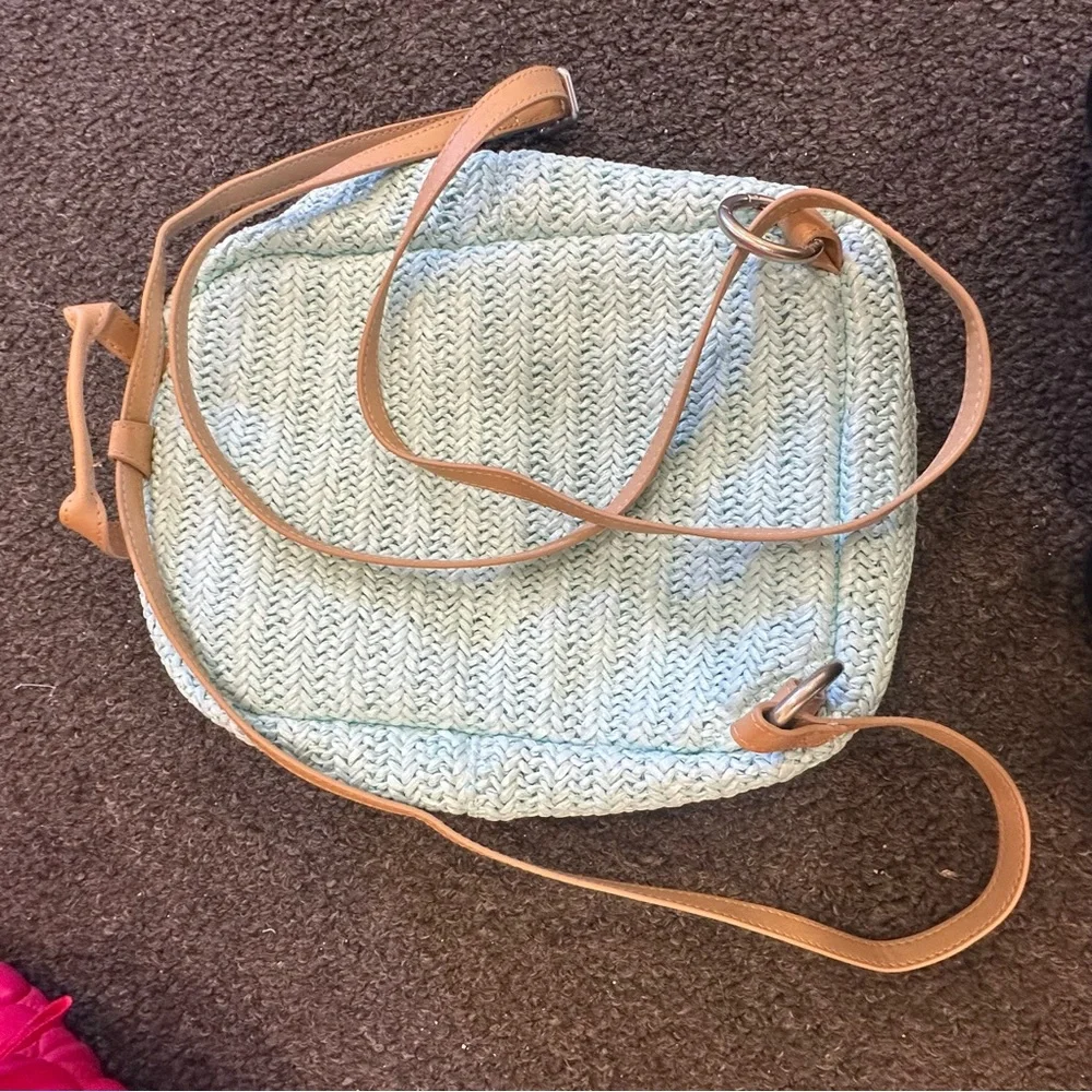 Vera Bradley Straw Raffia Blue Turtle Print Convertible Mini Summer Backpack